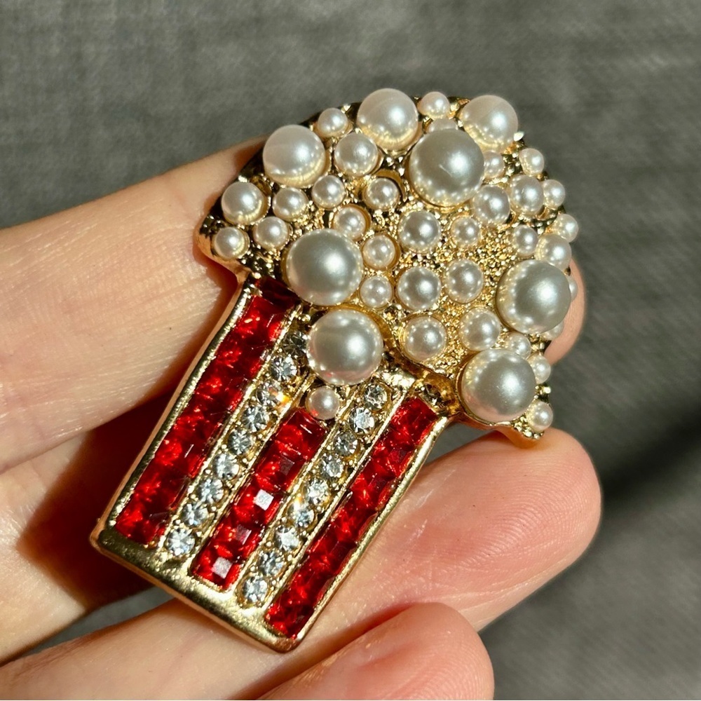 Red White Gold Rhinestone Popcorn Bucket Fashion Brooch Pin - Picture 12 of 17